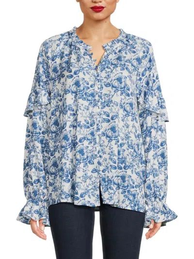 Saks Fifth Avenue Women's Ruffle Raglan Sleeve Shirt In Blue White