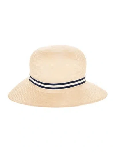 Pre-owned Saks Fifth Avenue Women's  Saks And Fifth Neutral Straw Fedora Hat With Brim White Black Trim And Bow Accent At Side. In Neutrals