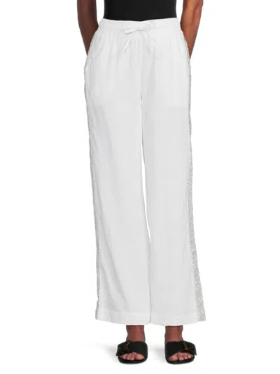 Saks Fifth Avenue Women's Sequin Trim 100% Linen Pants In White