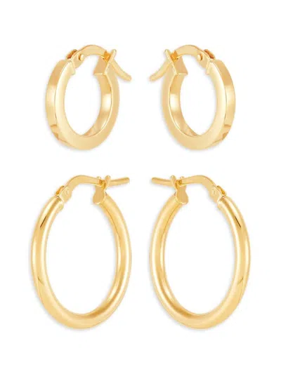 Saks Fifth Avenue Women's Set Of 2 14k Yellow Gold Round Hoop And Square Tube Huggie Earrings