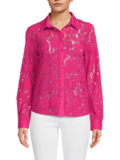 Saks Fifth Avenue Women's Sheer Lace Button Down Shirt In Fuchsia Pink