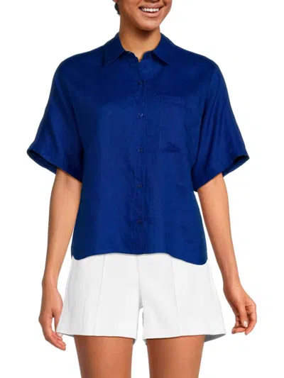 Saks Fifth Avenue Women's Short Sleeve 100% Linen Shirt In Cobalt