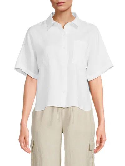 Saks Fifth Avenue Women's Short Sleeve 100% Linen Shirt In White