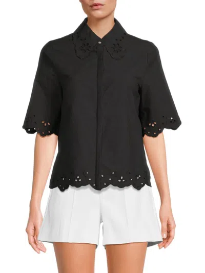 Saks Fifth Avenue Women's Short Sleeve Embroidered Button Down Shirt In Black