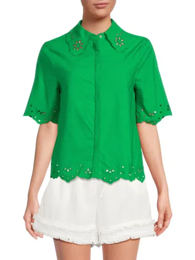 Saks Fifth Avenue Women's Short Sleeve Embroidered Button Down Shirt In Kelly Green