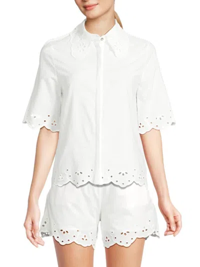 Saks Fifth Avenue Women's Short Sleeve Embroidered Button Down Shirt In White