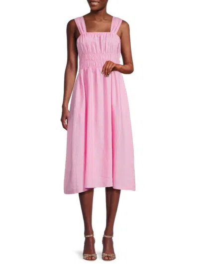 Saks Fifth Avenue Women's Smocked 100% Linen Midi Dress In Pink Blush