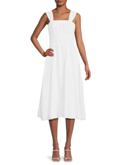 Saks Fifth Avenue Women's Smocked 100% Linen Midi Dress In White