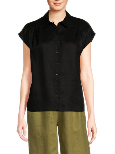 Saks Fifth Avenue Women's Spread Collar 100% Linen Shirt In Black