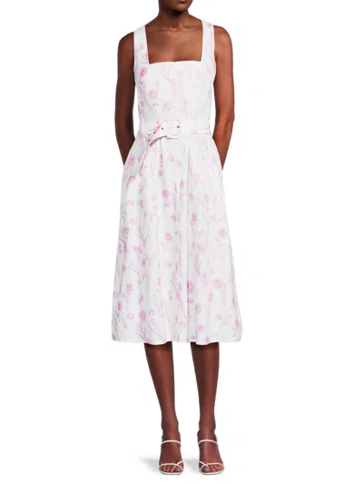 Saks Fifth Avenue Women's Squareneck Belted 100% Linen Midi Dress In Pink Blush