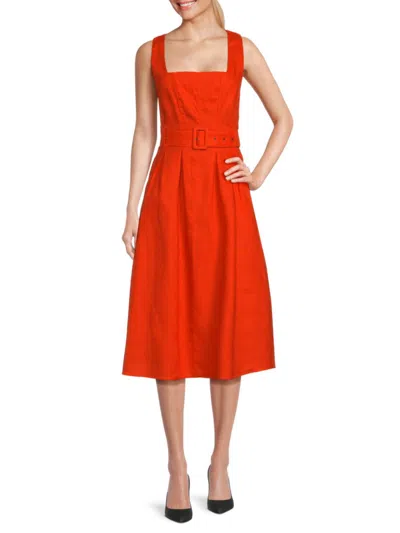 Saks Fifth Avenue Women's Squareneck Belted Linen Midi Dress In Red
