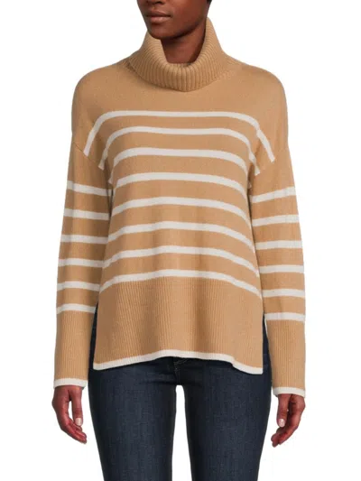 Saks Fifth Avenue Women's Striped 100% Cashmere Sweater In New Camel