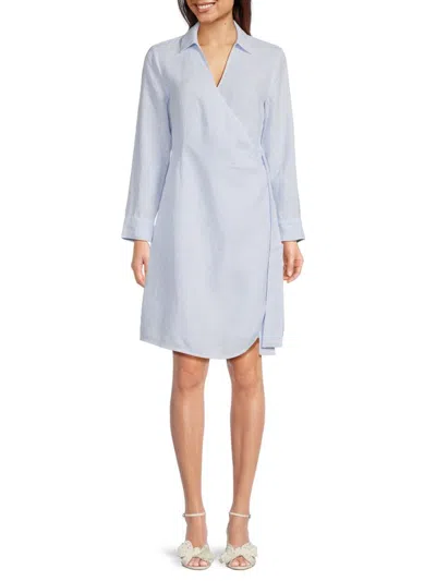 Saks Fifth Avenue Women's Striped 100% Linen Midi Wrap Dress In Blue White