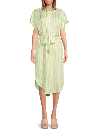 Saks Fifth Avenue Women's Striped Belted Midi Dress In White Chartreuse