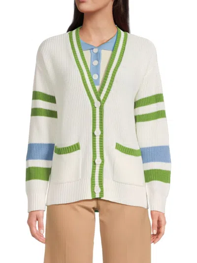 Saks Fifth Avenue Women's Striped Rib Knit Cardigan In Frost White Blue Green