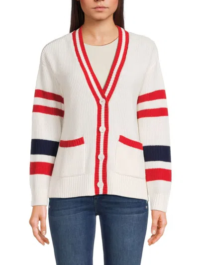 Saks Fifth Avenue Women's Striped Rib Knit Cardigan In Frost White Red Navy