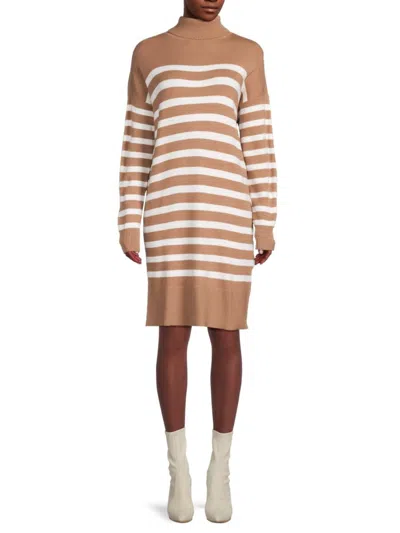 Saks Fifth Avenue Women's Striped Turtleneck Mini Sweater Dress In Hazelnut