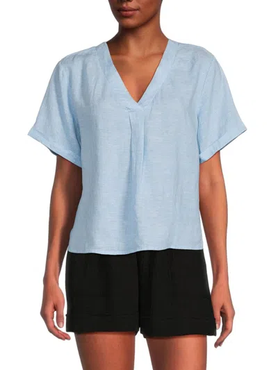 Saks Fifth Avenue Women's V Neck 100% Linen Top In Chambray