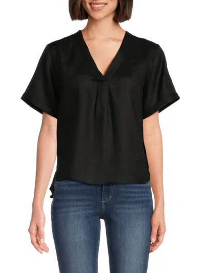 Saks Fifth Avenue Women's V Neck 100% Linen Top In Black