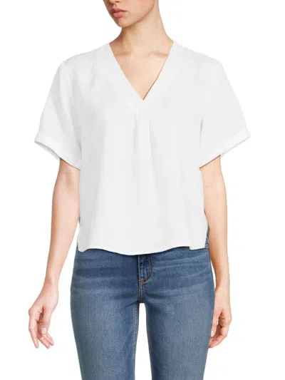 Saks Fifth Avenue Women's V Neck 100% Linen Top In White