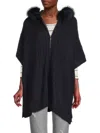 Saks Fifth Avenue Women's Wool Blend Faux Fur Trim Hooded Poncho In Navy Ink
