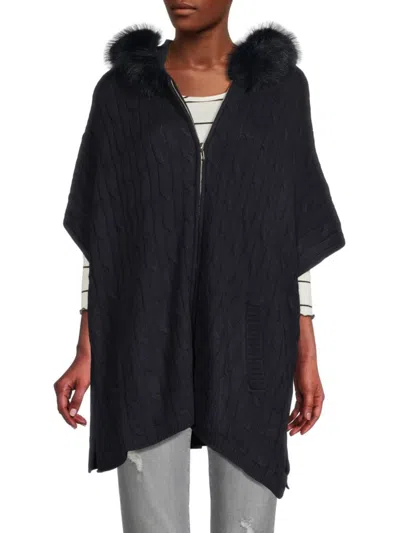 Saks Fifth Avenue Women's Wool Blend Faux Fur Trim Hooded Poncho In Navy Ink