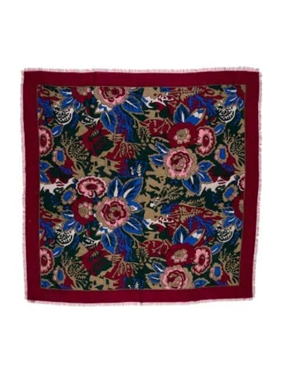 Pre-owned Saks Fifth Avenue Wool Floral Print Scarf In Burgundy