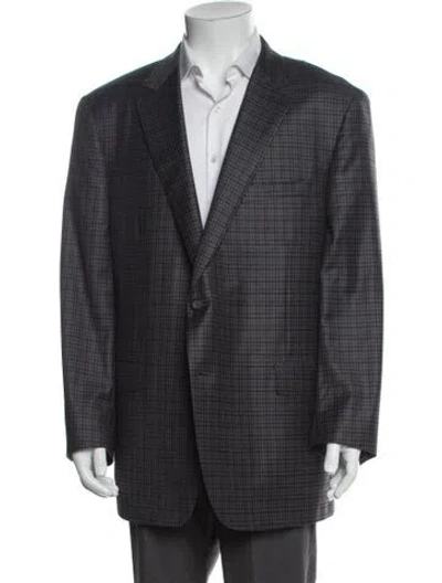 Pre-owned Saks Fifth Avenue Wool Plaid Print Blazer In Blue