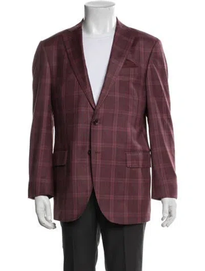 Pre-owned Saks Fifth Avenue Wool Plaid Print Overcoat In Burgundy