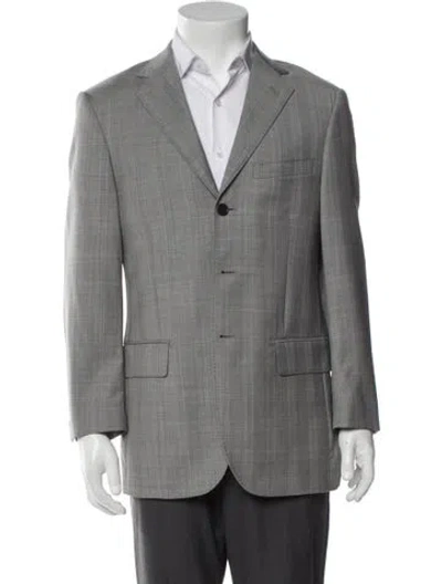 Pre-owned Saks Fifth Avenue Wool Plaid Print Overcoat In Gray