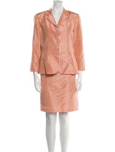 Pre-owned Saks Jandel Silk Plaid Print Skirt Suit In Orange
