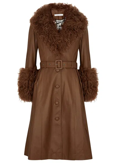 Saks Potts Foxy Shearling-trimmed Leather Coat In Brown