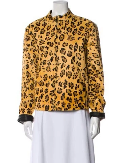 Pre-owned Saks Potts Leather Animal Print Bomber Jacket In Yellow