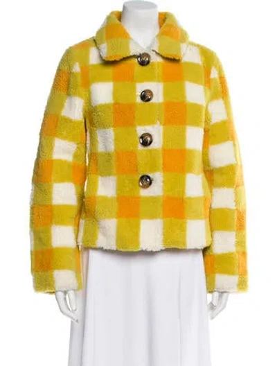 Pre-owned Saks Potts Plaid Print Fur Jacket In Yellow