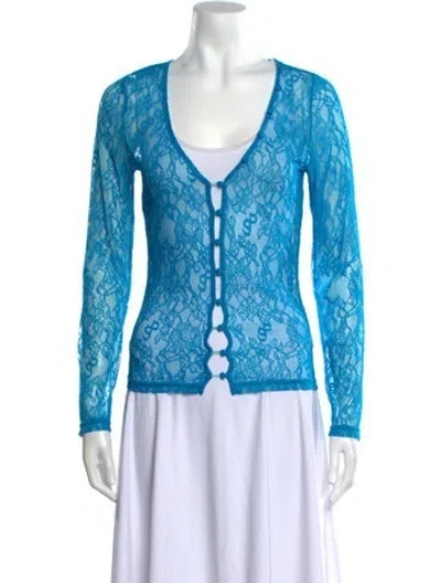 Pre-owned Saks Potts Printed V-neck Top In Blue