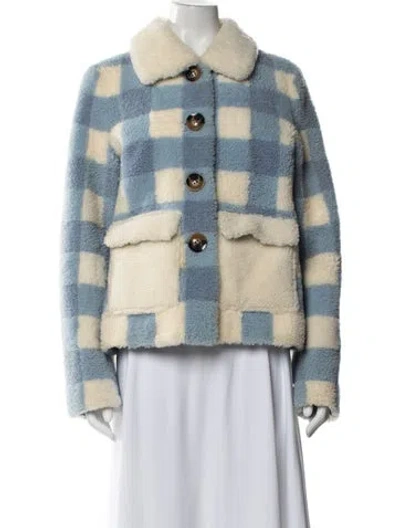 Pre-owned Saks Potts Shearling Plaid Print Fur Jacket In Blue