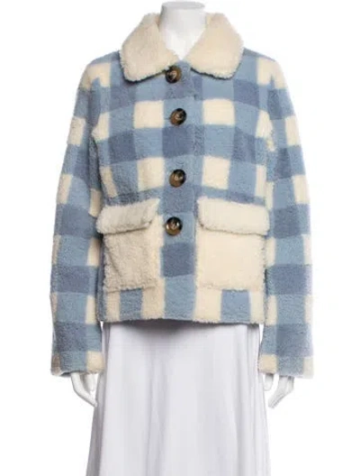 Pre-owned Saks Potts Shearling Plaid Print Jacket In Blue/neutrals