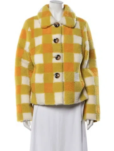 Pre-owned Saks Potts Shearling Plaid Print Jacket In Yellow