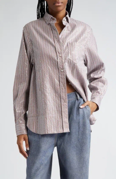 Saks Potts William Stripe Sequin Cotton Poplin Button-down Shirt In Brown Stripe Sequin