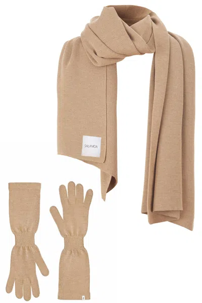 Salanida Women's Brown Via 100% Merino Scarf & Gloves Set Beige