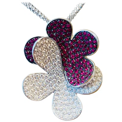 Pre-owned Salavetti 18 Karat White Gold Clover Leaf Ruby And Diamond Pendant With Chain By