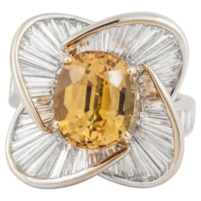 Pre-owned Salavetti 18k White Gold  Golden Sapphire And Diamond Ring