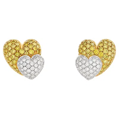 Pre-owned Salavetti 18-karat Two Tone Gold White And Yellow Diamond Heart Earrings