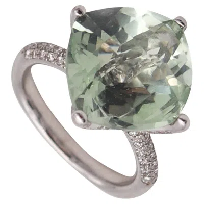 Pre-owned Salavetti Cocktail Ring In 18kt White Gold With 9.52 Ctw Diamonds & Prasiolite
