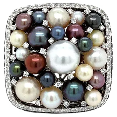 Pre-owned Salavetti Cocktail Ring -  18k White Gold Multi-color Cultured Pearls Diamonds
