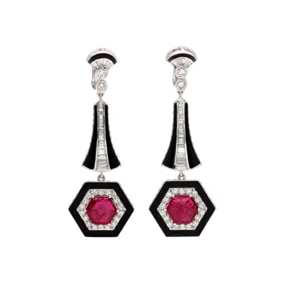 Pre-owned Salavetti Red Ruby, Diamond And Enamel Drop Earrings
