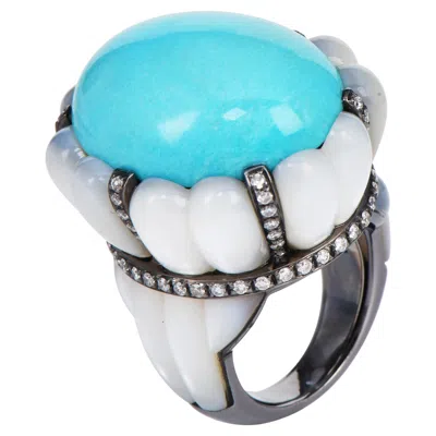 Pre-owned Salavetti Salavatti 18k Gold Turquoise Mother Of Pearl Cocktail Ring In Multi