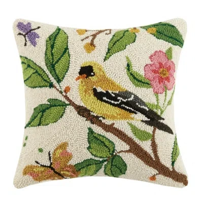 Sally Eckman Roberts Goldfinch Spring Birds Hook 100% Wool Throw Pillow