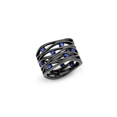 Sally Skoufis Men's Black / Blue Apres-ski Ring With Natural Sapphire In Premium Black Rhodium