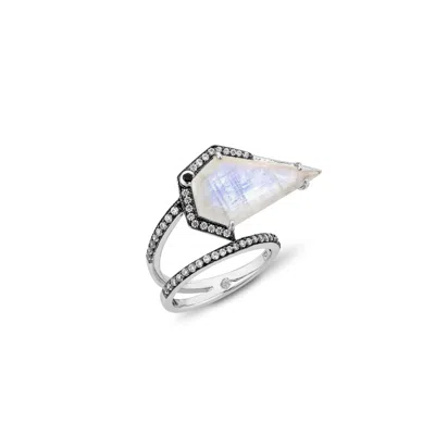 Sally Skoufis Women's Black / Blue / White Blade Ring With Natural Black Diamond & Moonstone In Platinum In Multi